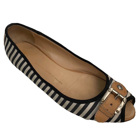 Giuseppe Zanotti Ballet Flat Nautical Striped Black White Peep Buckle St… - Picture 1 of 12